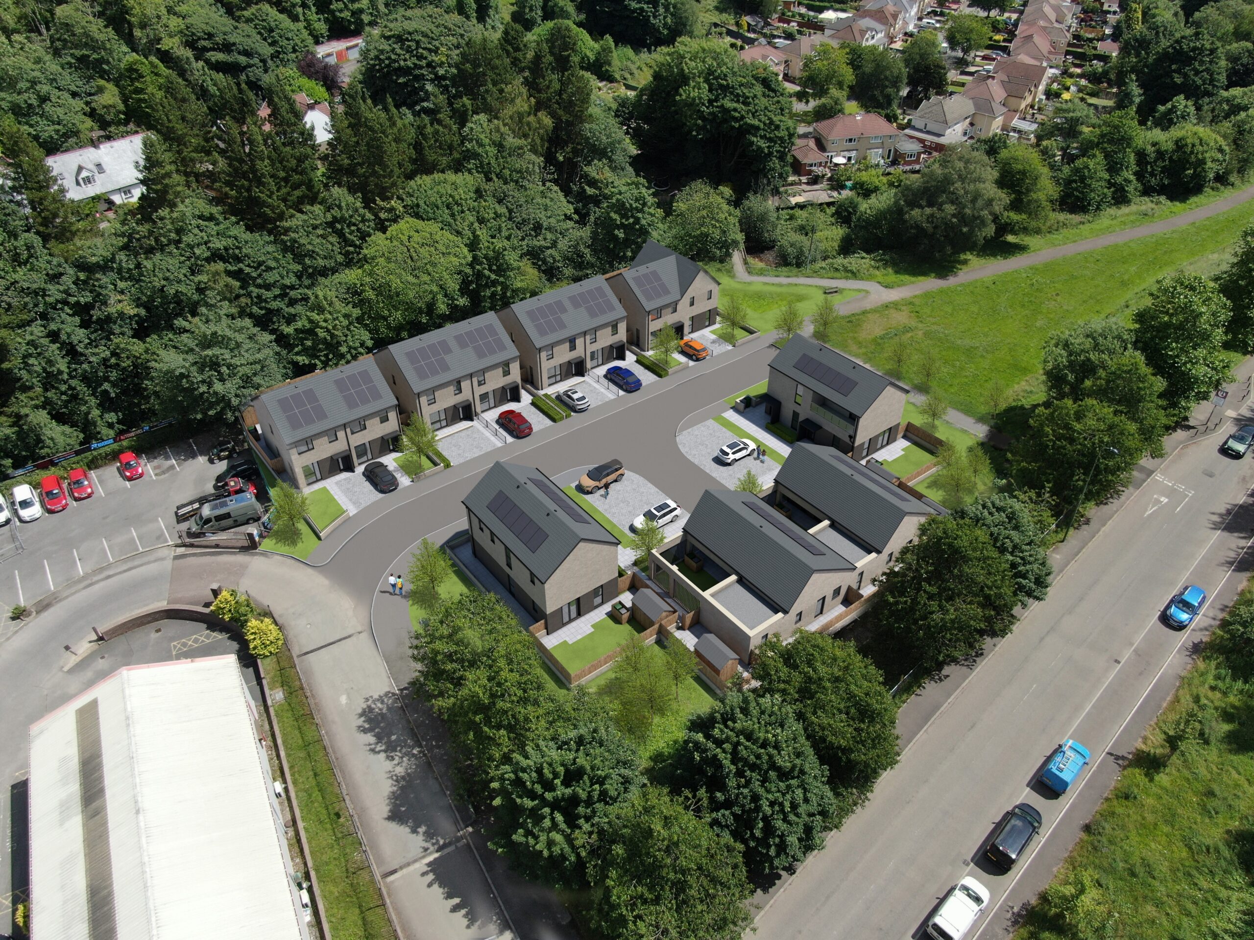 Birdseye view of new houses in glan yr afon